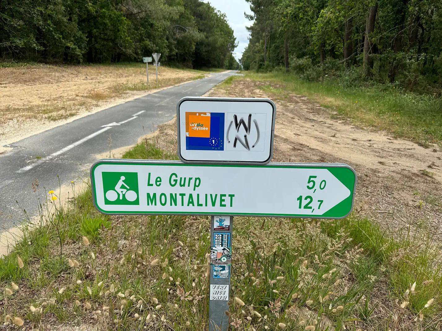 Wegweiser der Vélodyssée im Pinienwald
